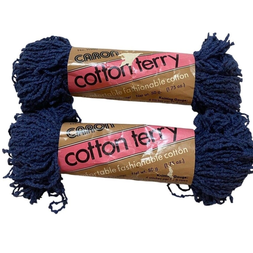 Vintage Caron Cotton Terry Yarn Navy 5018 Lot 2 Same Dye Lot Made In USA